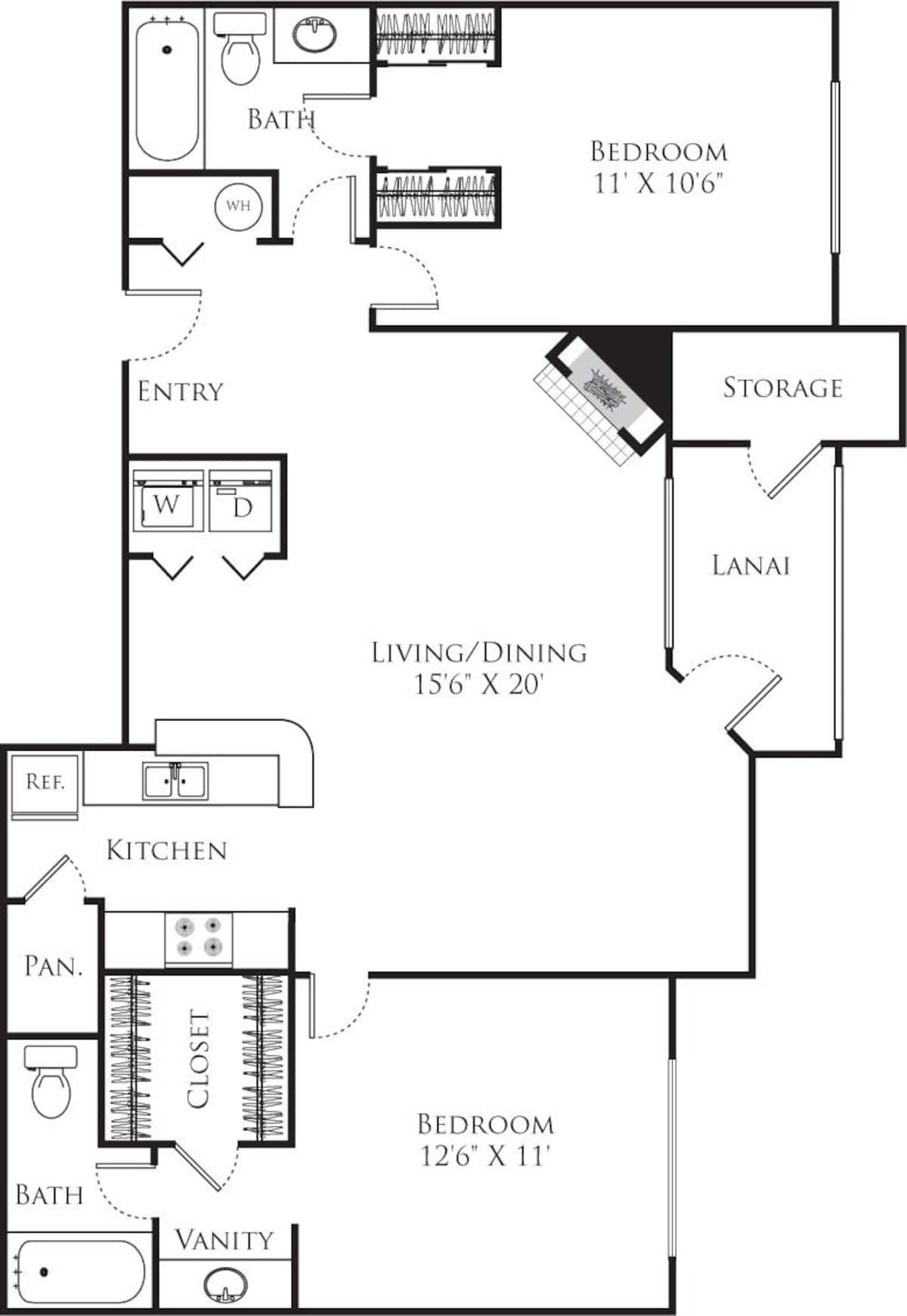Floorplan diagram for 2B, showing 2 bedroom