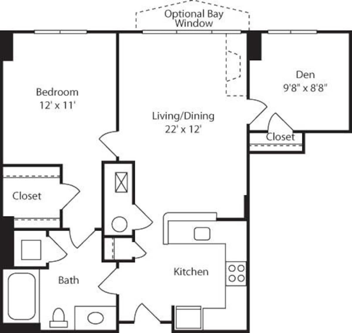 Floorplan diagram for C1 (1x1 with den), showing 1 bedroom