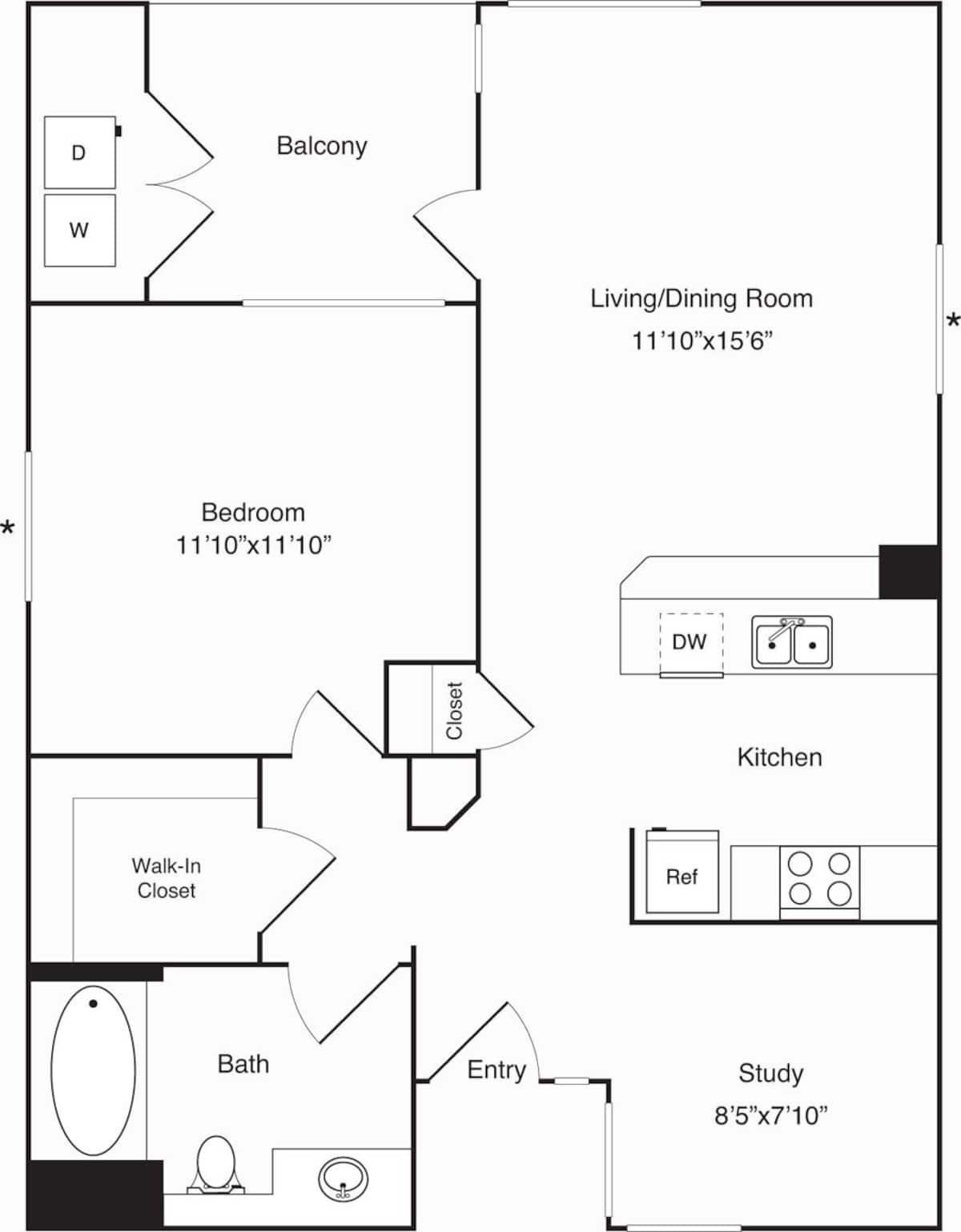 Floorplan diagram for B- The Crest with study, showing 1 bedroom