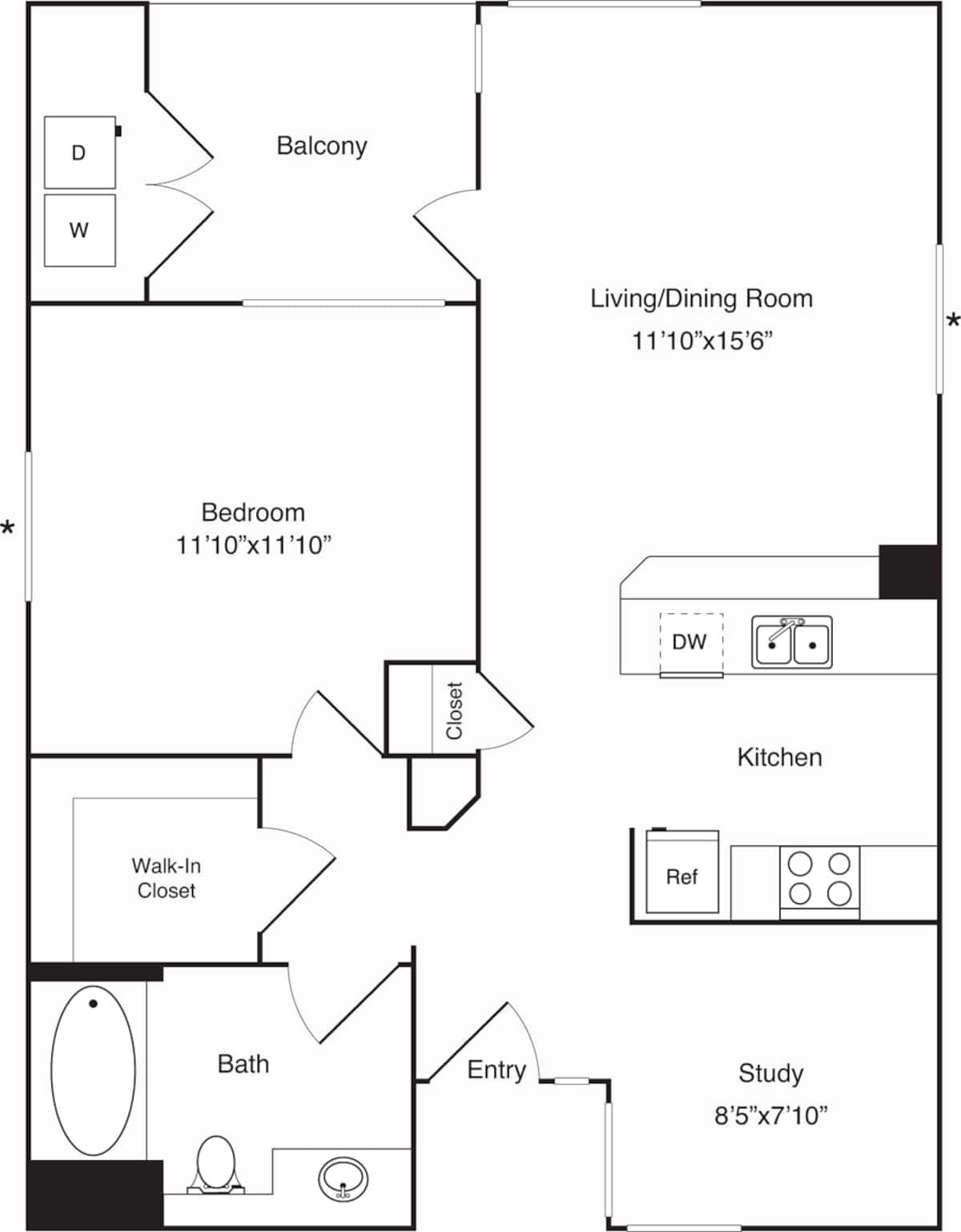 Floorplan diagram for B- The Crest with study, showing 1 bedroom