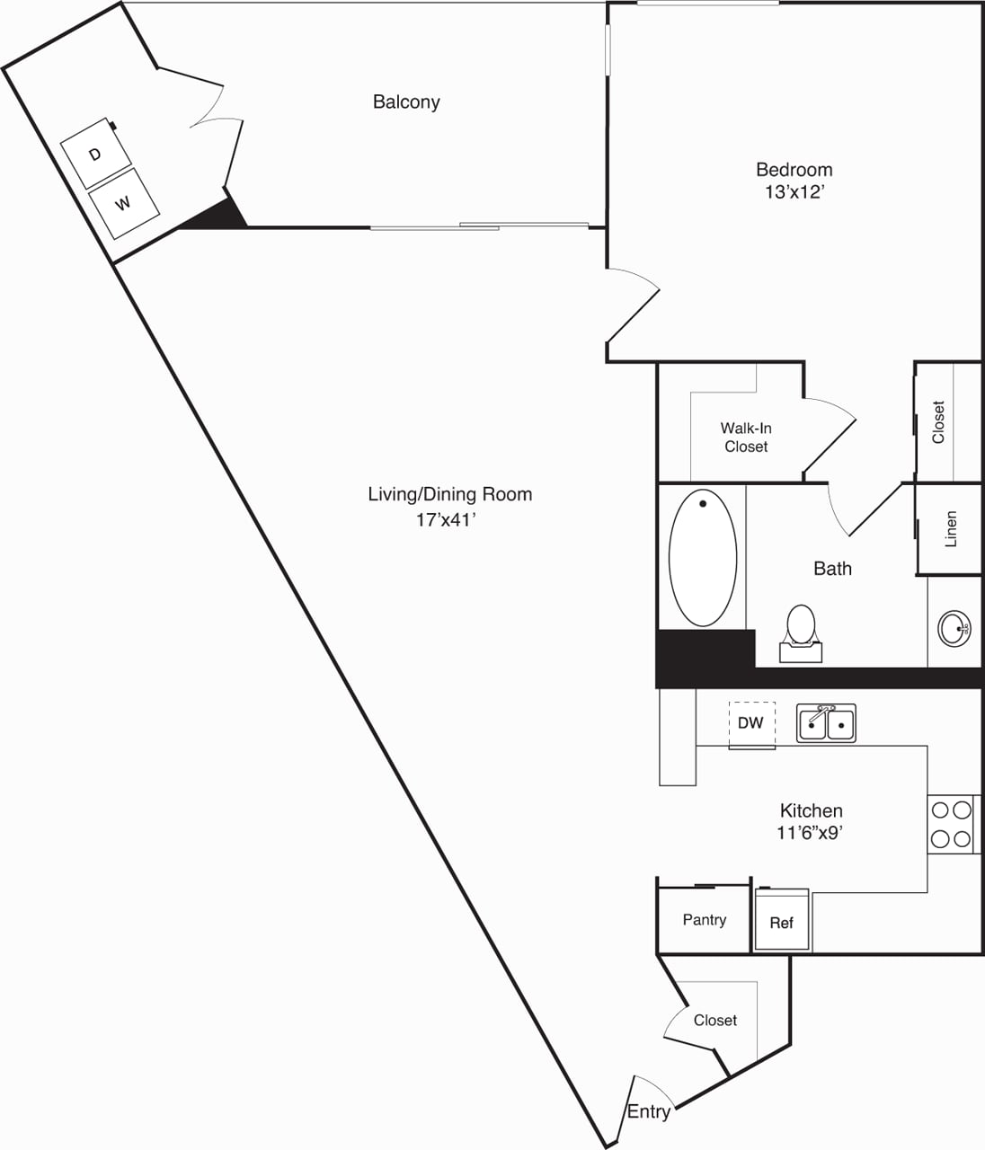 Floorplan diagram for D-The Pointe, showing 1 bedroom