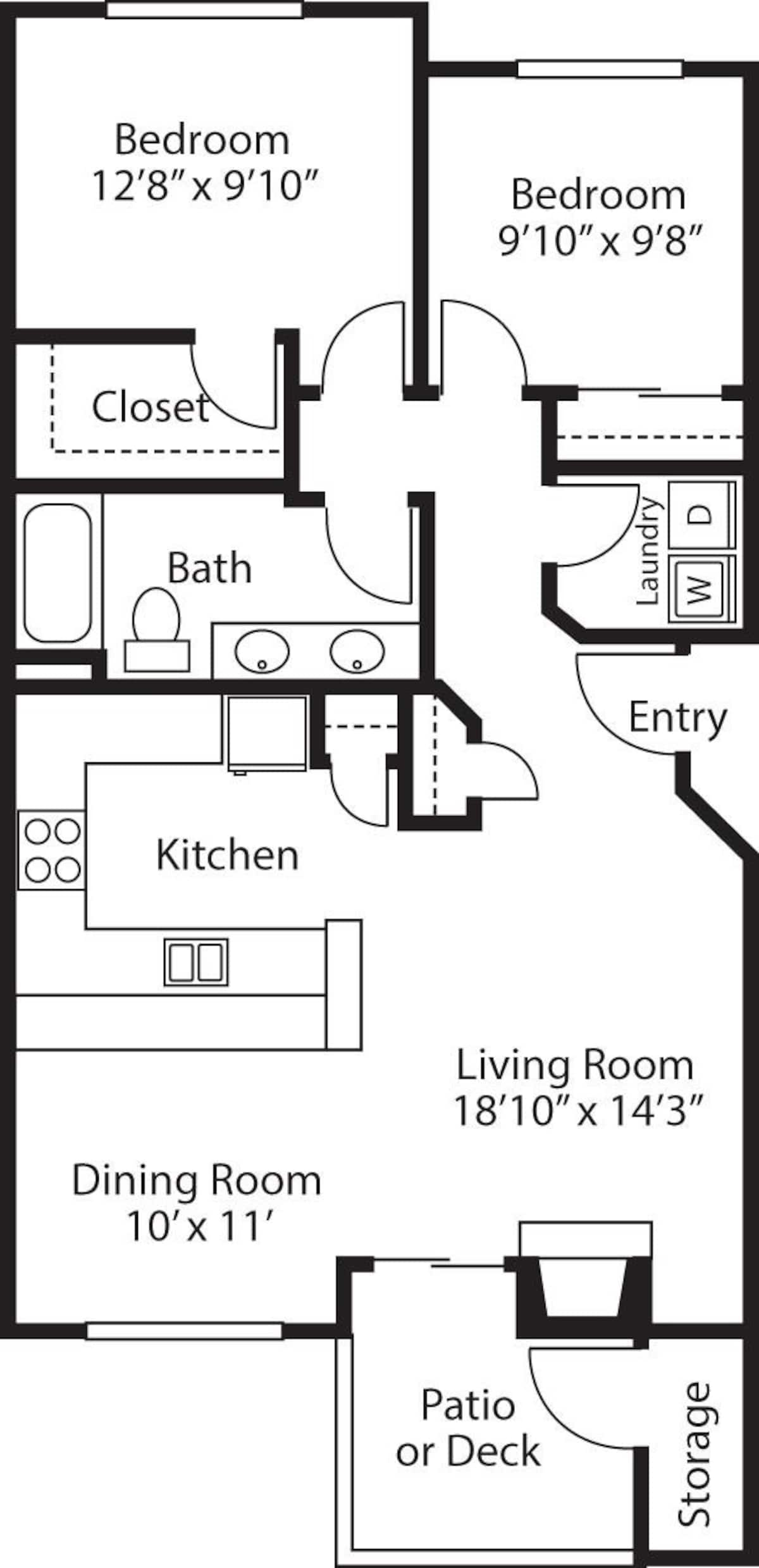 Floorplan diagram for Two Bedroom  One Bath, showing 2 bedroom