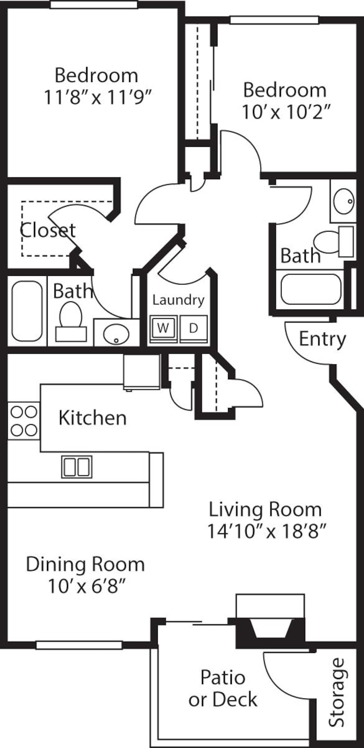 Floorplan diagram for Two Bedroom Two Baths A, showing 2 bedroom