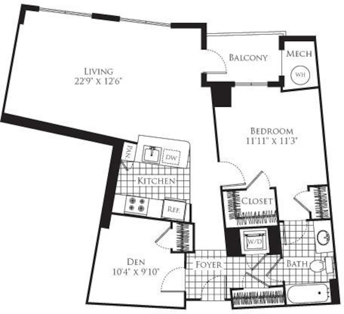 Floorplan diagram for 1 Bedroom with Den- 910, showing 1 bedroom