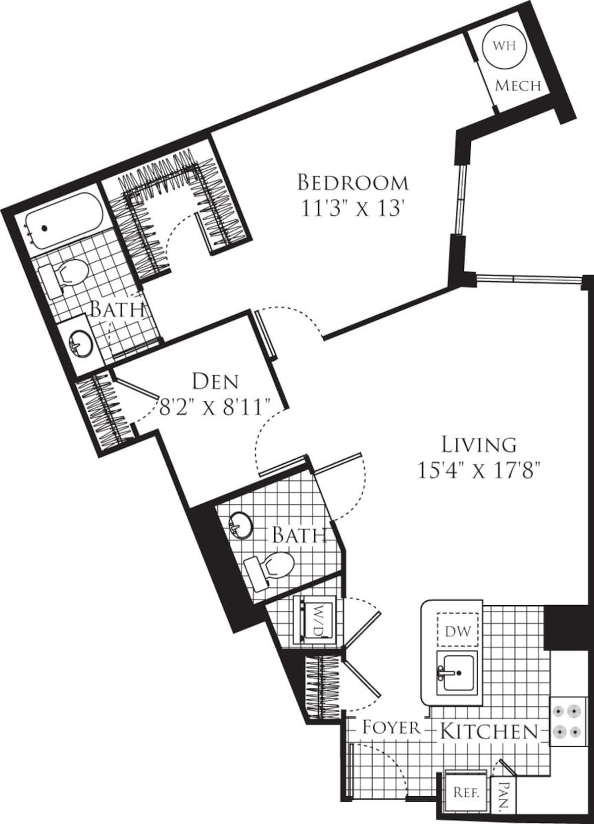 Floorplan diagram for 1 Bedroom with Den 949, showing 1 bedroom