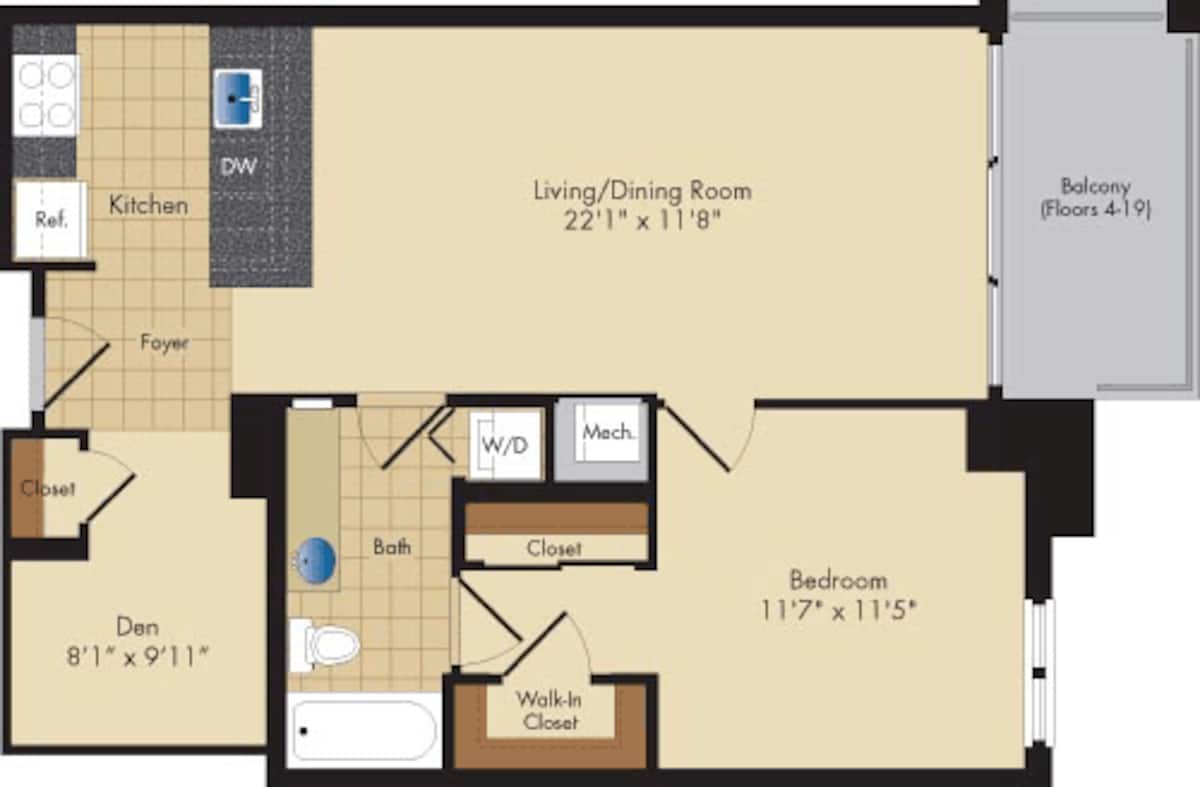 Floorplan diagram for 08 with Den, showing 1 bedroom