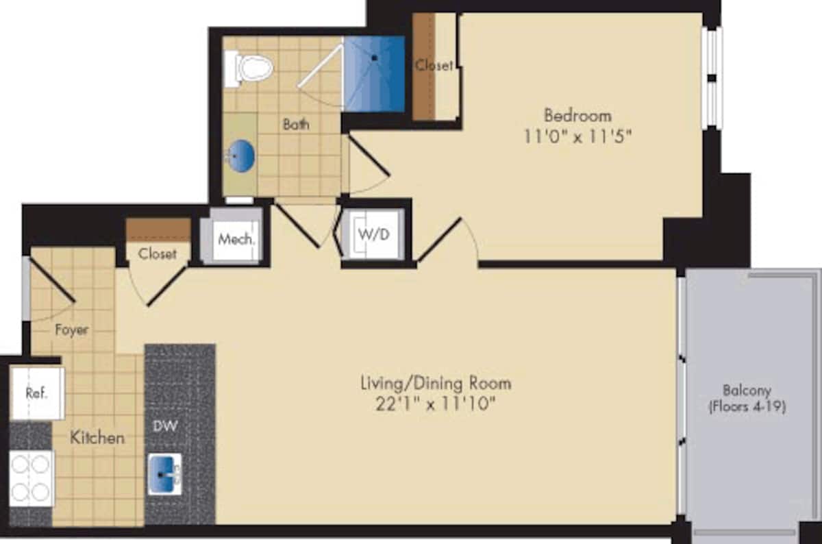 Floorplan diagram for Quincy, showing 1 bedroom