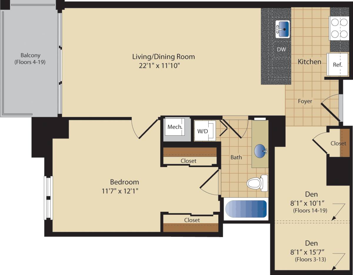 Floorplan diagram for Highland ALT - No Walk-in Closet, showing 1 bedroom