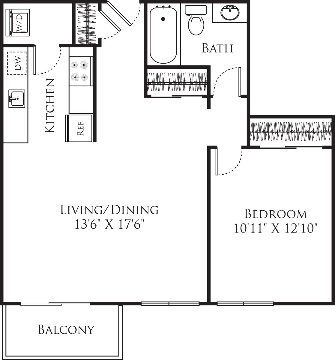 Floorplan diagram for 1 Bedroom D, showing 1 bedroom