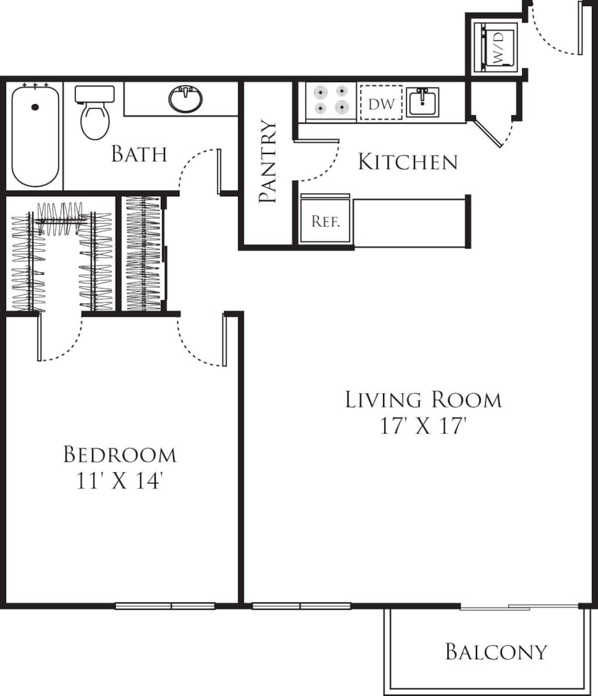 Floorplan diagram for 1 Bedroom E1, showing 1 bedroom
