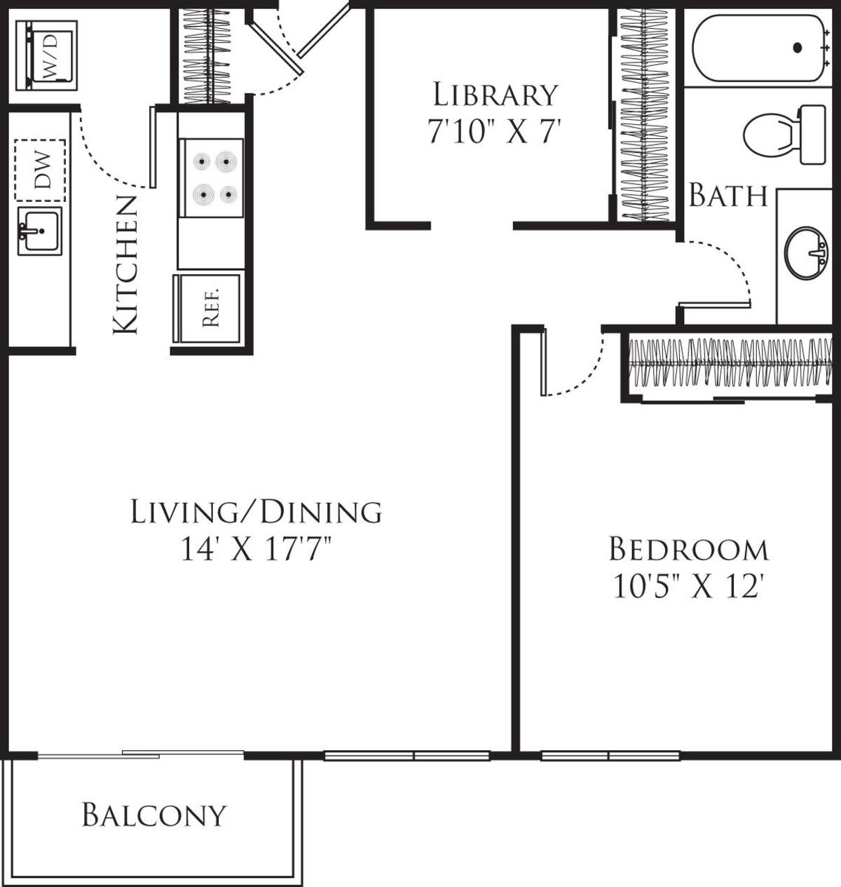 Floorplan diagram for 1 Bedroom E2, showing 1 bedroom