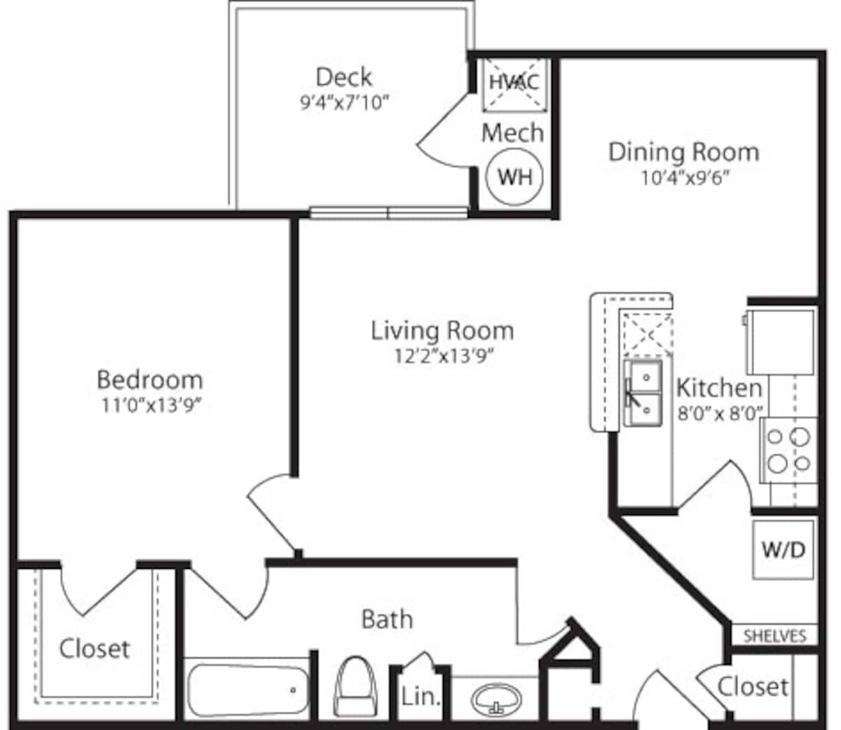 Floorplan diagram for The Crest, showing 1 bedroom