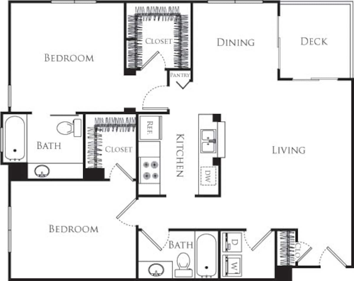 Floorplan diagram for Plan E, showing 2 bedroom
