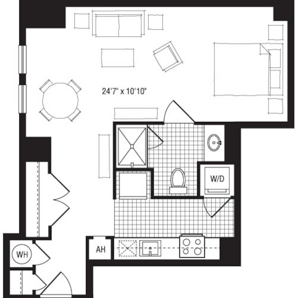 Floorplan diagram for 1RX, showing Studio