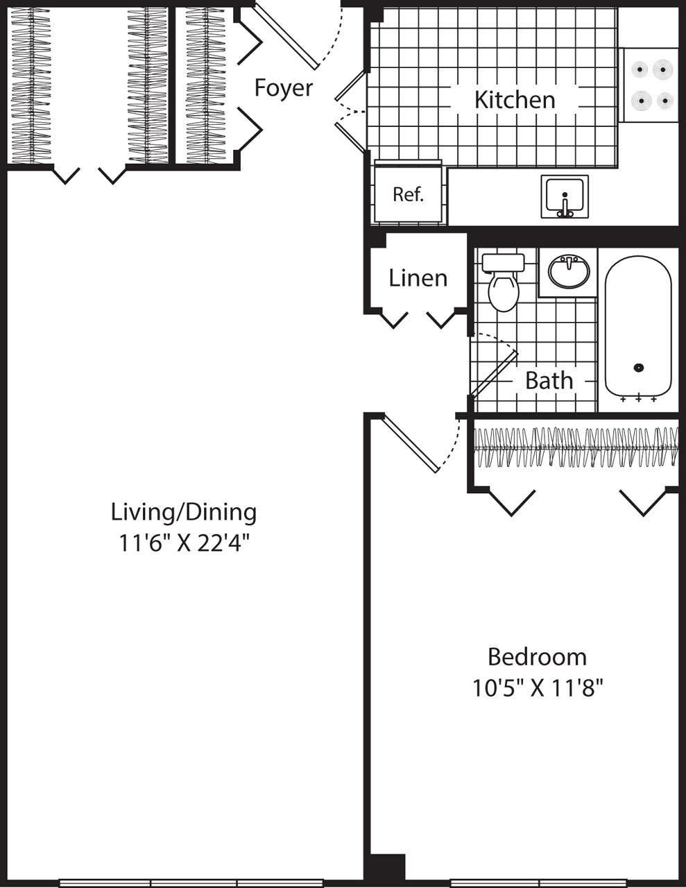 Floorplan diagram for The Seville, showing 1 bedroom