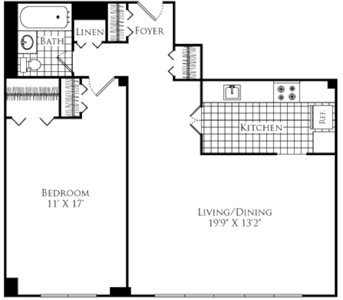 Floorplan diagram for The Cadbury, showing 1 bedroom