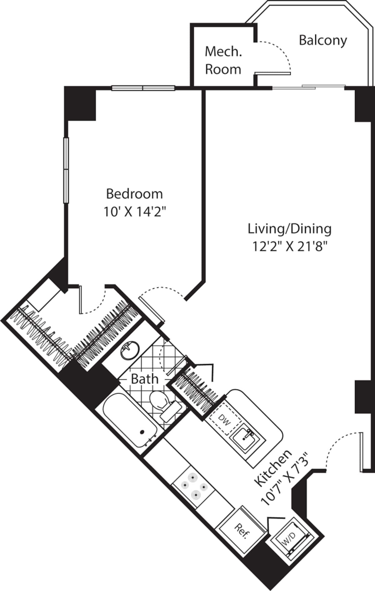 Floorplan diagram for Burke 1, showing 1 bedroom