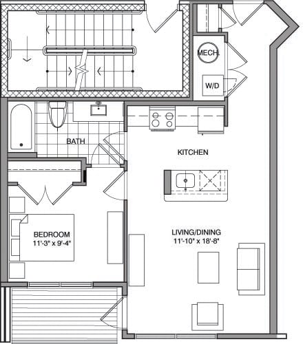 Diagram ng floorplan para sa 1 Bdrm A, na nagpapakita ng 1 kuwarto