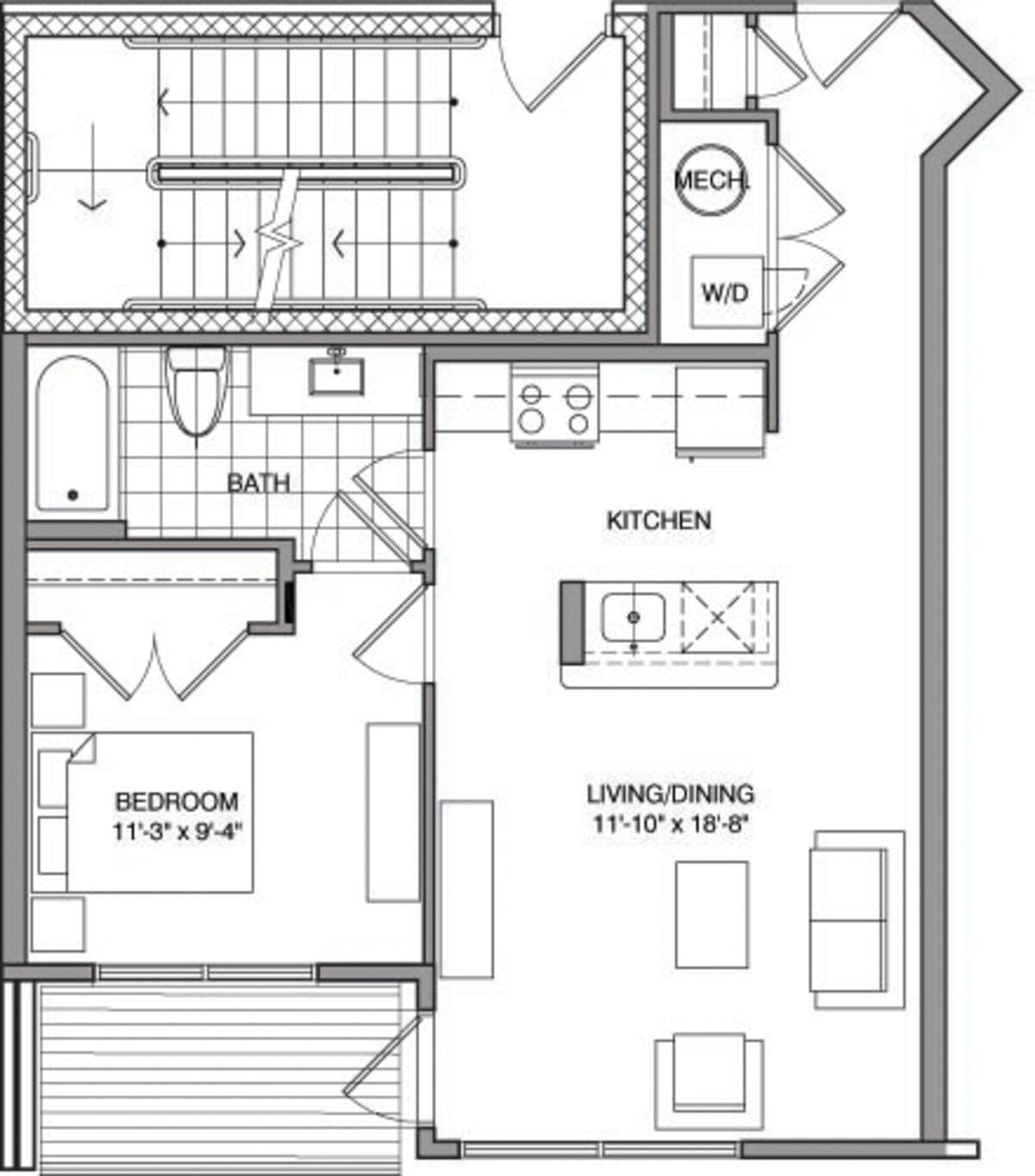 Floorplan diagram for 1 Bdrm A, showing 1 bedroom