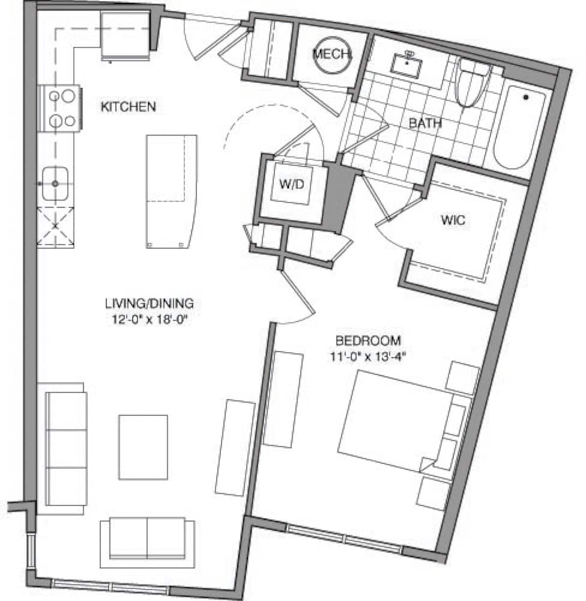Floorplan diagram for 1 Bdrm B, showing 1 bedroom