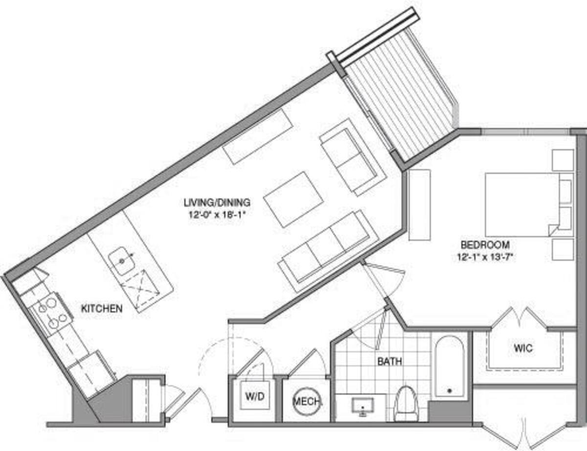 Floorplan diagram for 1 Bdrm E, showing 1 bedroom