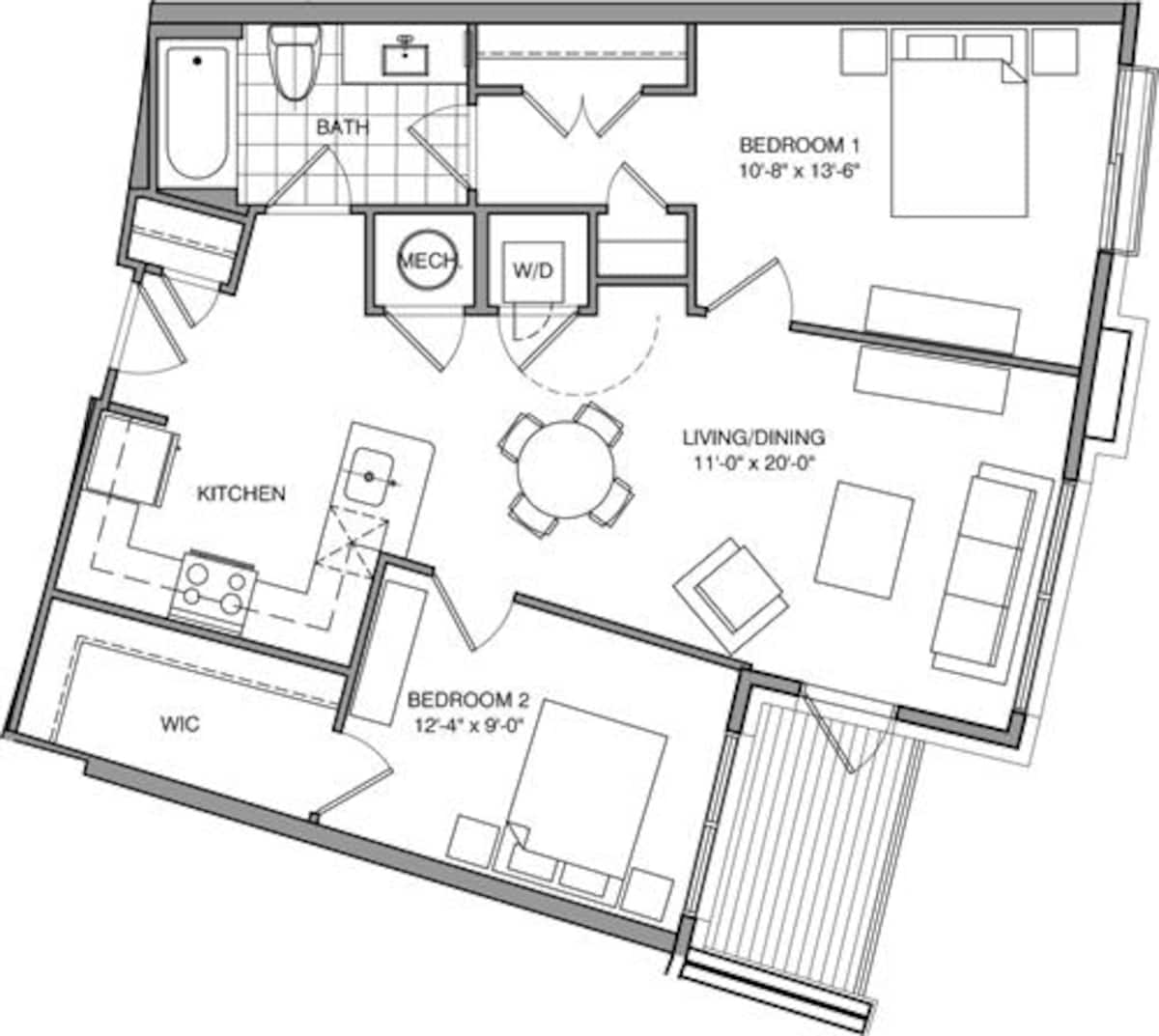 Floorplan diagram for 1 Bdrm K, showing 2 bedroom