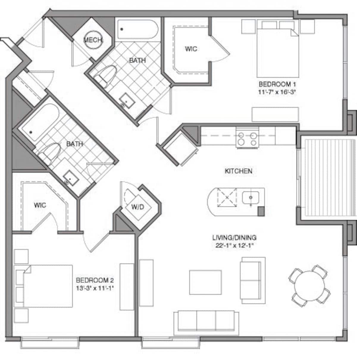 Floorplan diagram for 2 Bdrm I, showing 2 bedroom