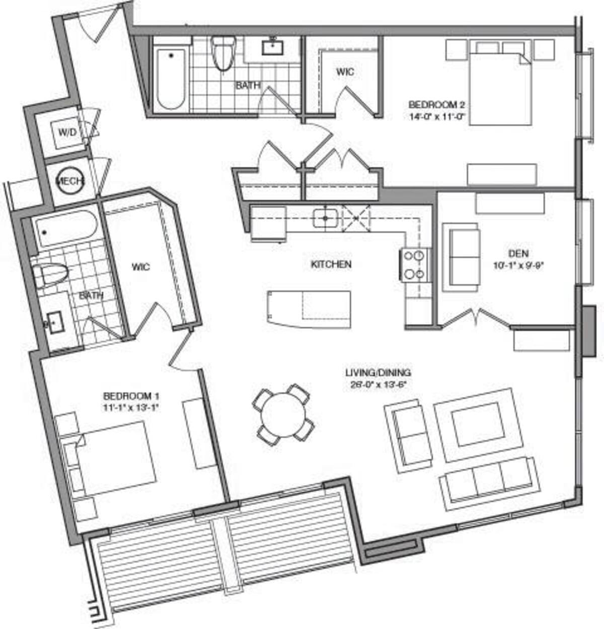 Floorplan diagram for 2 Bdrm T, showing 2 bedroom