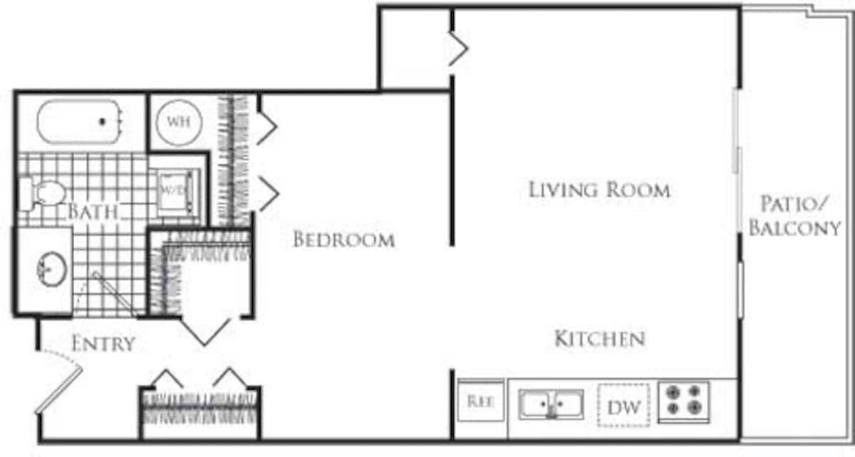 Floorplan diagram for 1BR 1Bath Base B, showing Studio