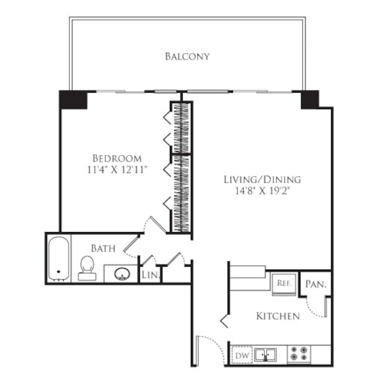 Floorplan diagram for 1 Bedroom Tower, showing 1 bedroom