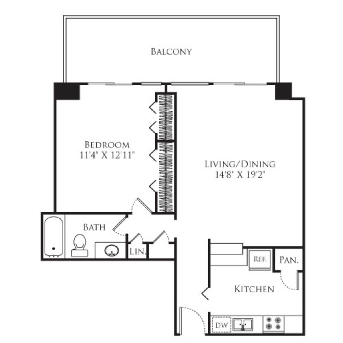 Floorplan diagram for 1 Bedroom Tower, showing 1 bedroom