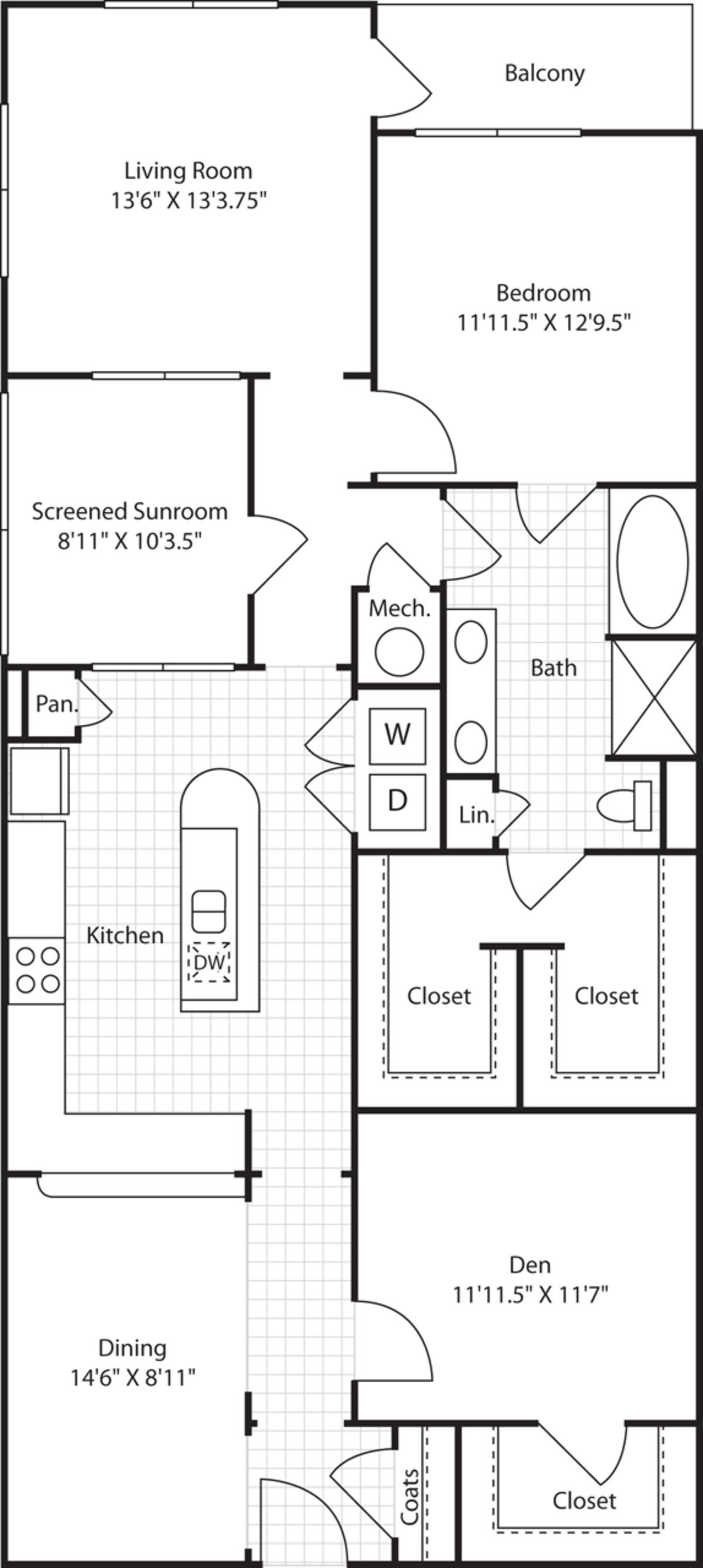 Floorplan diagram for 1 Bedroom F with Den, showing 1 bedroom