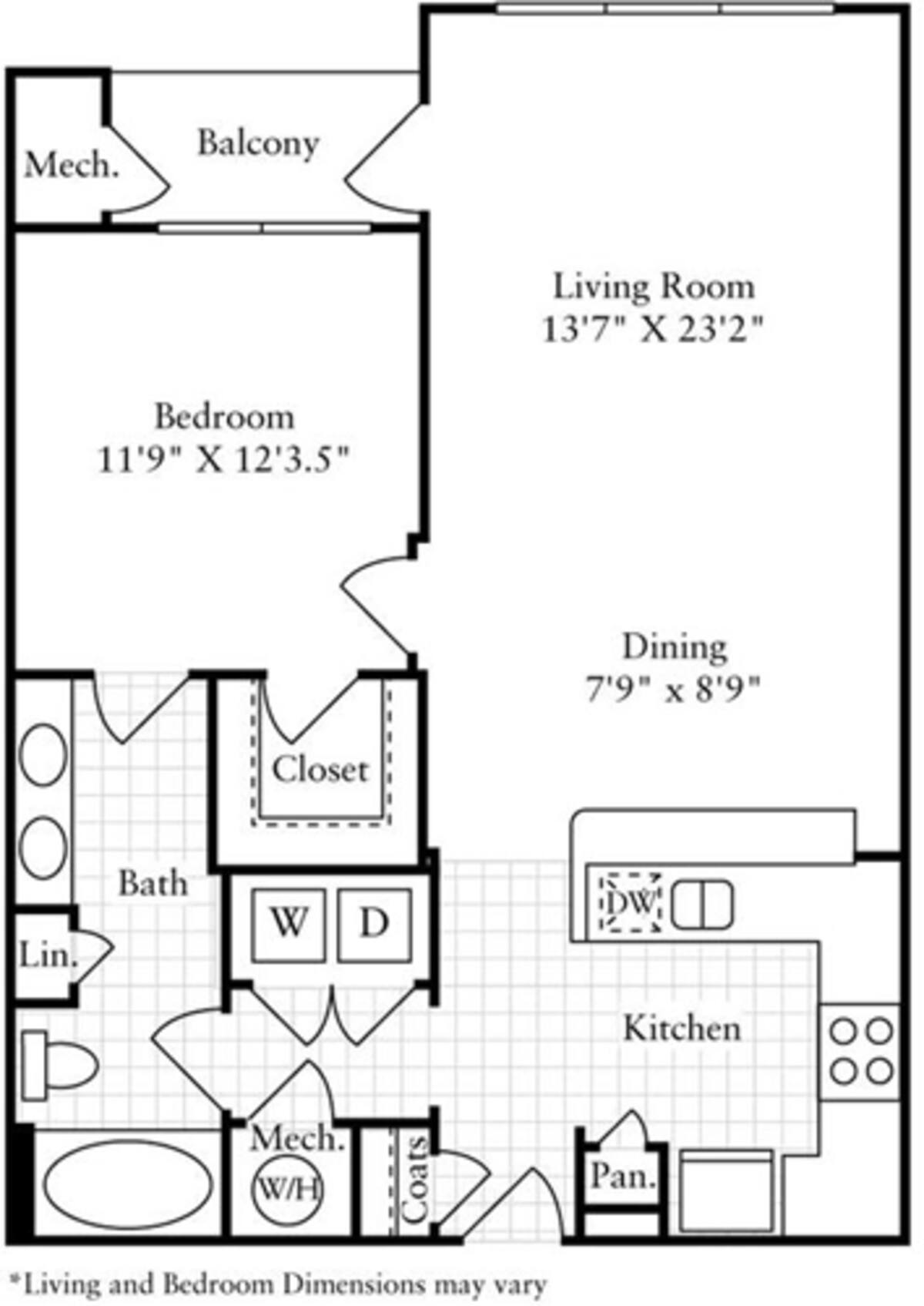 Floorplan diagram for 1 Bedroom D, showing 1 bedroom