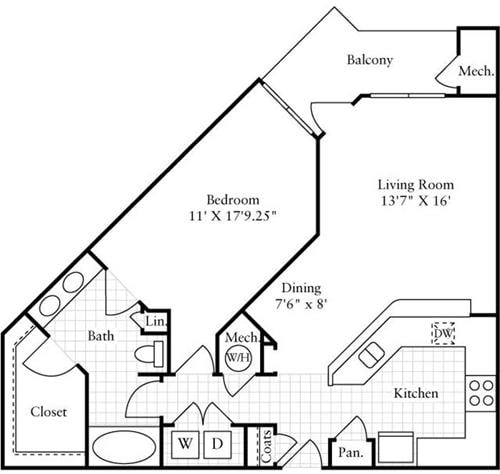 Floorplan diagram for 1 Bedroom E, showing 1 bedroom