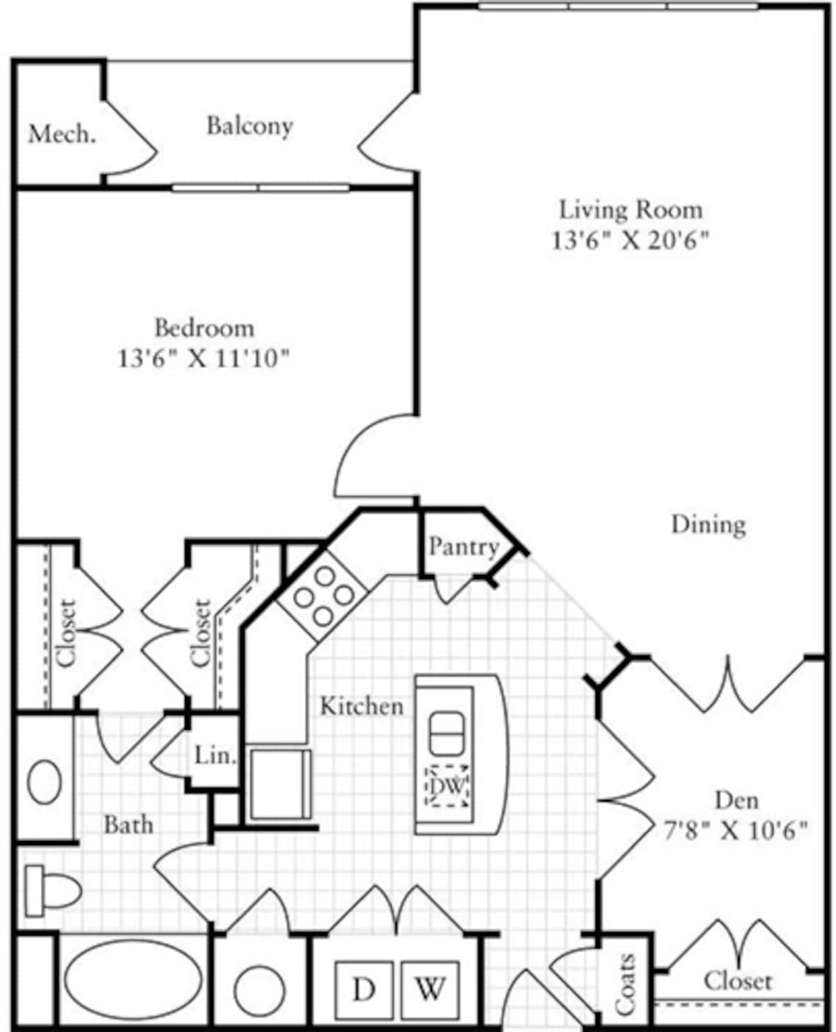 Floorplan diagram for 1 Bedroom F, showing 1 bedroom