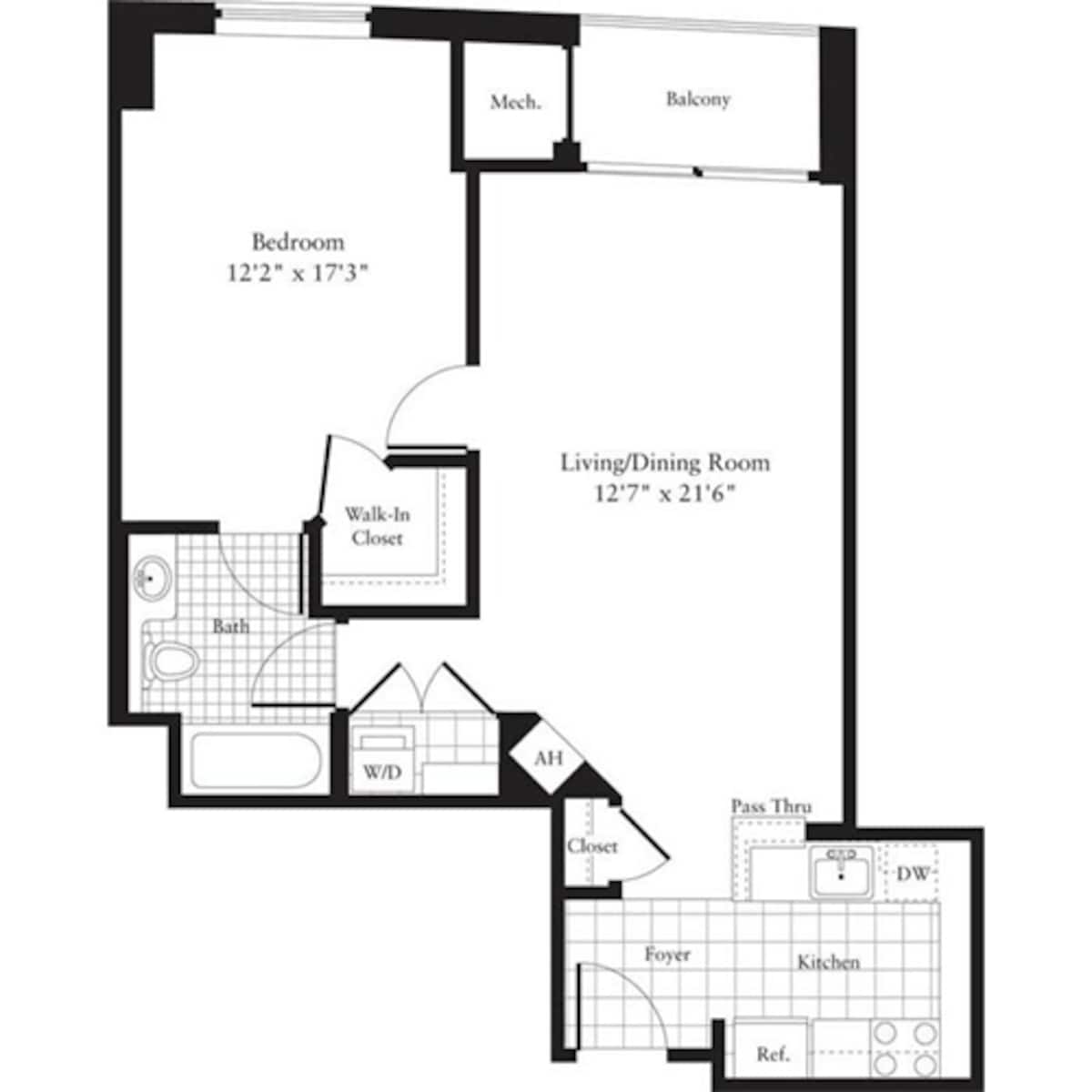 Floorplan diagram for 1 Bedroom D, showing 1 bedroom