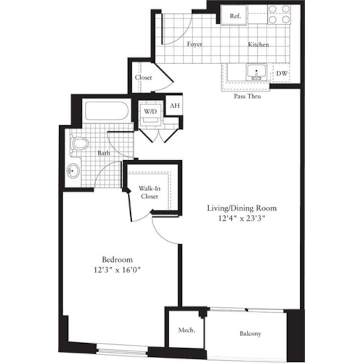 Floorplan diagram for 1 Bedroom K, showing 1 bedroom