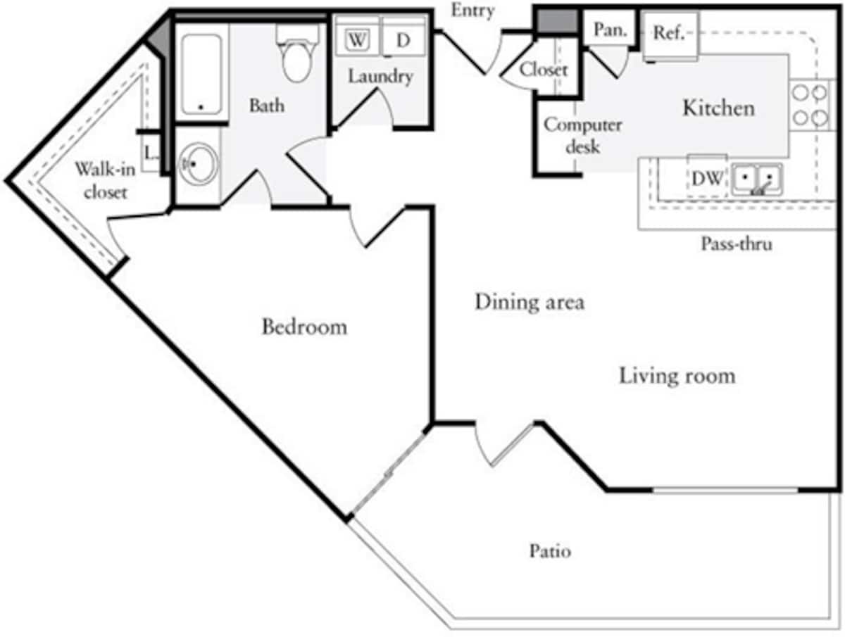 Floorplan diagram for 1 Bedroom E, showing 1 bedroom