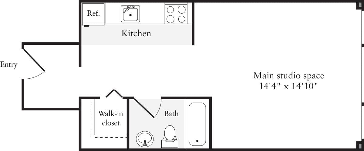 Floorplan diagram for The Lofts Studio A, showing 1 bedroom