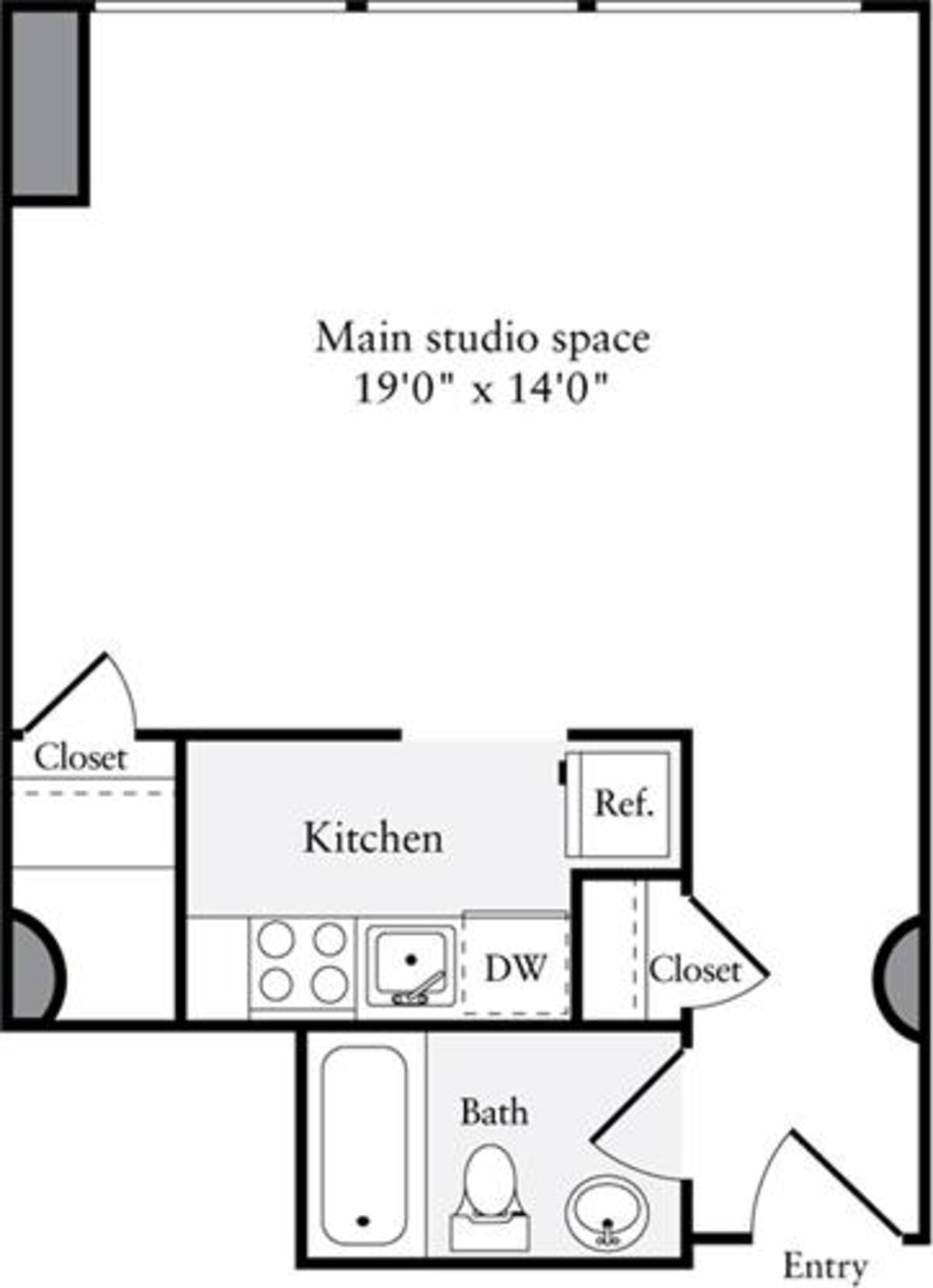 Floorplan diagram for The Lofts Studio B, showing Studio