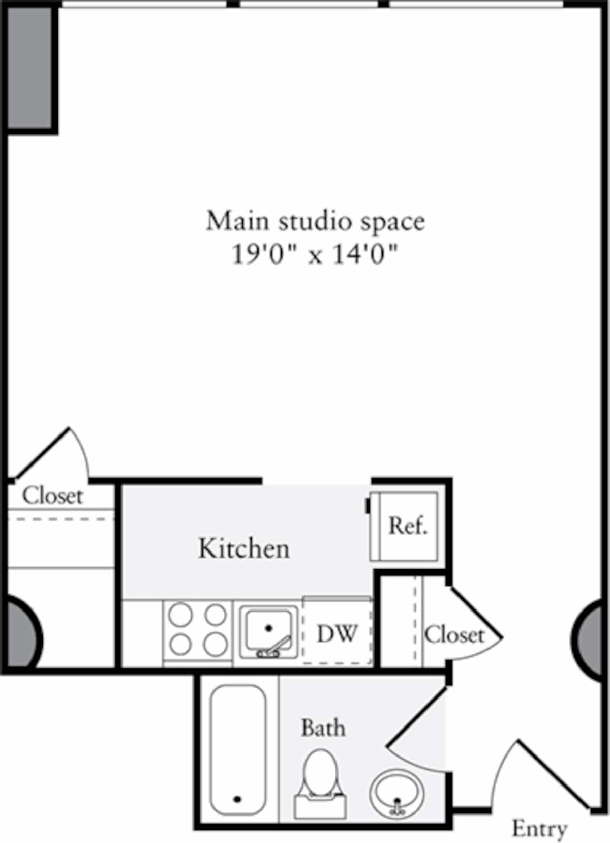 Floorplan diagram for The Lofts Studio B, showing Studio