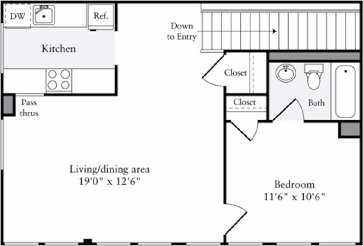 Floorplan diagram for The Lofts 1 Bedroom B, showing 1 bedroom