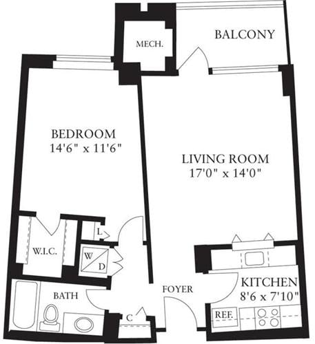 Floorplan diagram for 1 Bedroom B, showing 1 bedroom