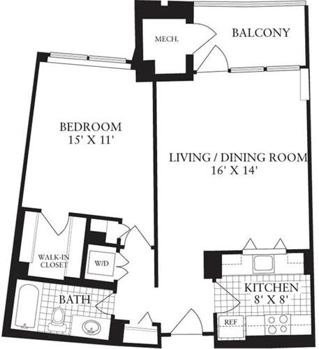 Floorplan diagram for 1 Bedroom D, showing 1 bedroom