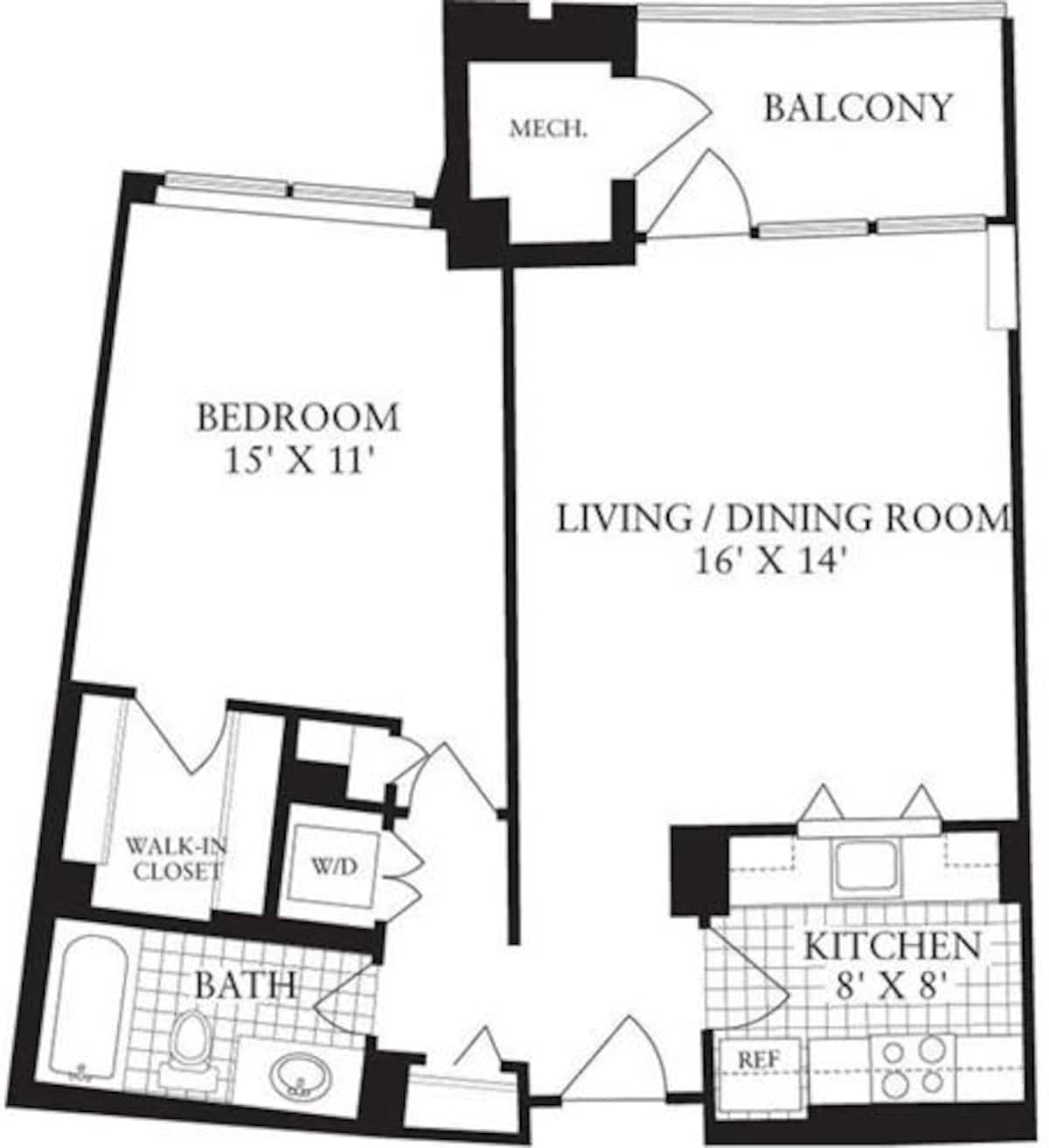 Floorplan diagram for 1 Bedroom D, showing 1 bedroom