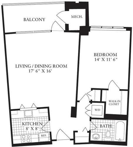 Floorplan diagram for 1 Bedroom F, showing 1 bedroom
