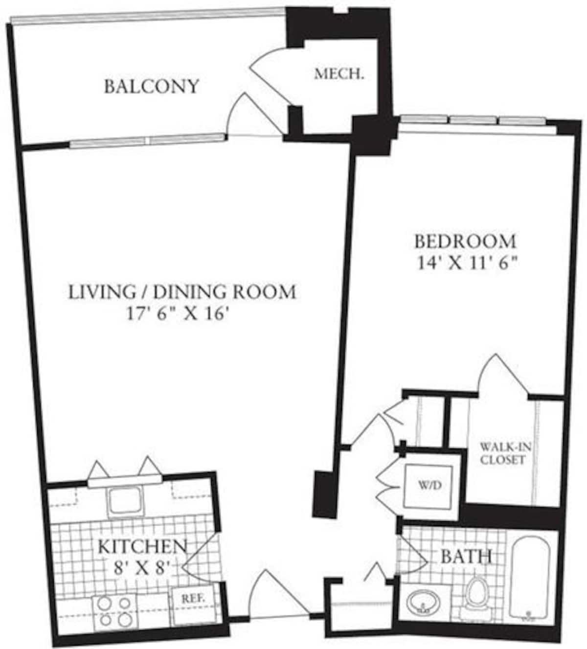 Floorplan diagram for 1 Bedroom F, showing 1 bedroom