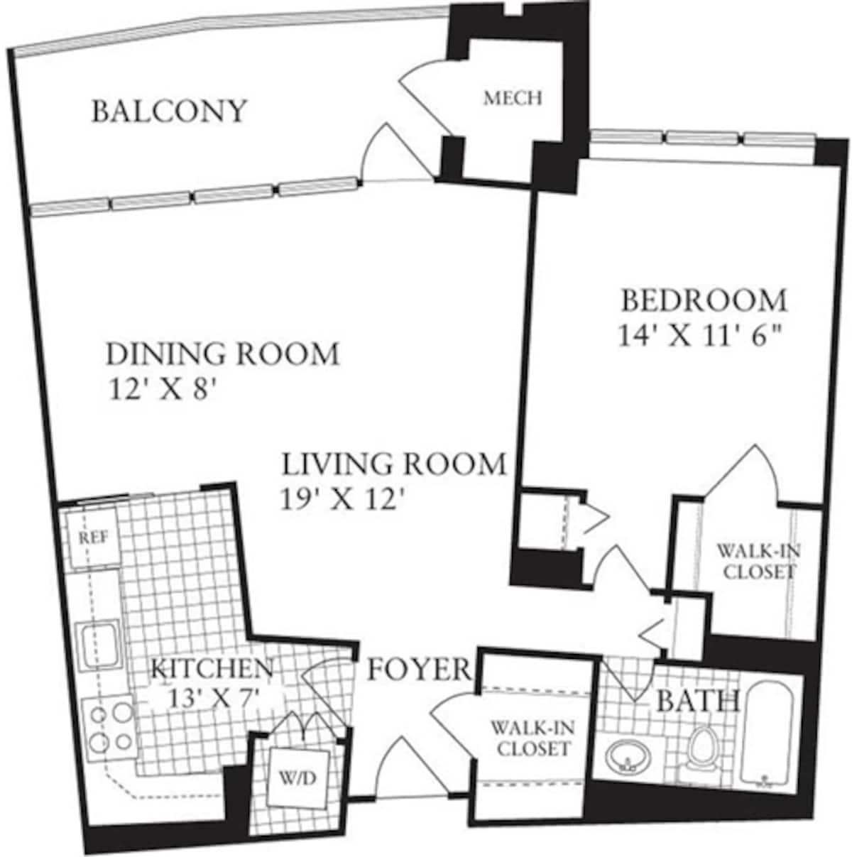 Floorplan diagram for 1 Bedroom K, showing 1 bedroom