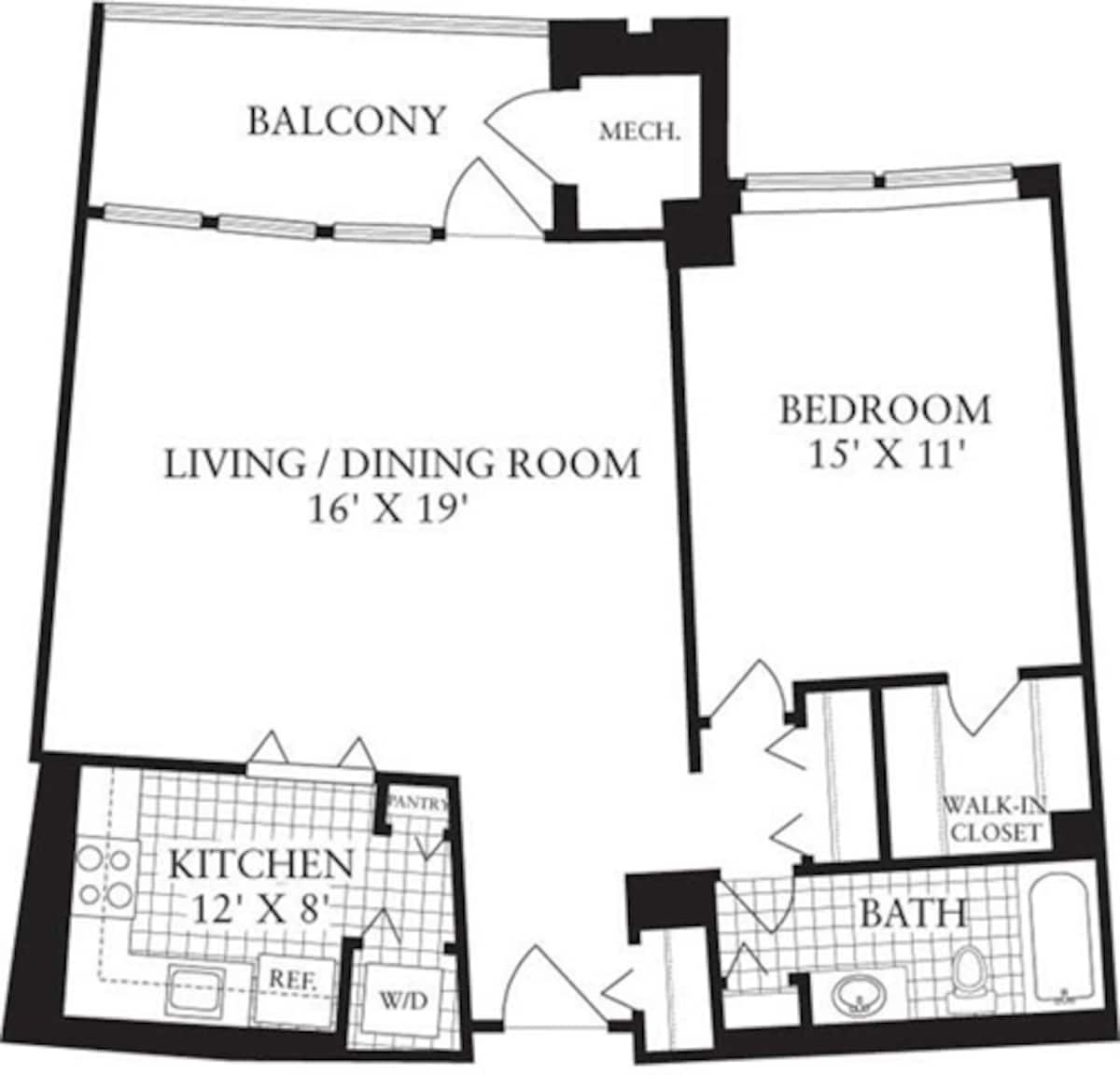 Floorplan diagram for 1 Bedroom M, showing 1 bedroom