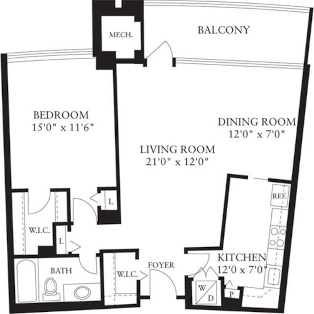 Floorplan diagram for 1 Bedroom P, showing 1 bedroom